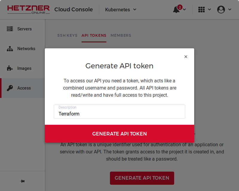 Создание токена для доступа к API облака Hetzner